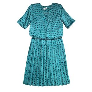 VTG Perceptions Teal Green Geometric Pleated Midi Dress Sz L SEE PICS‎